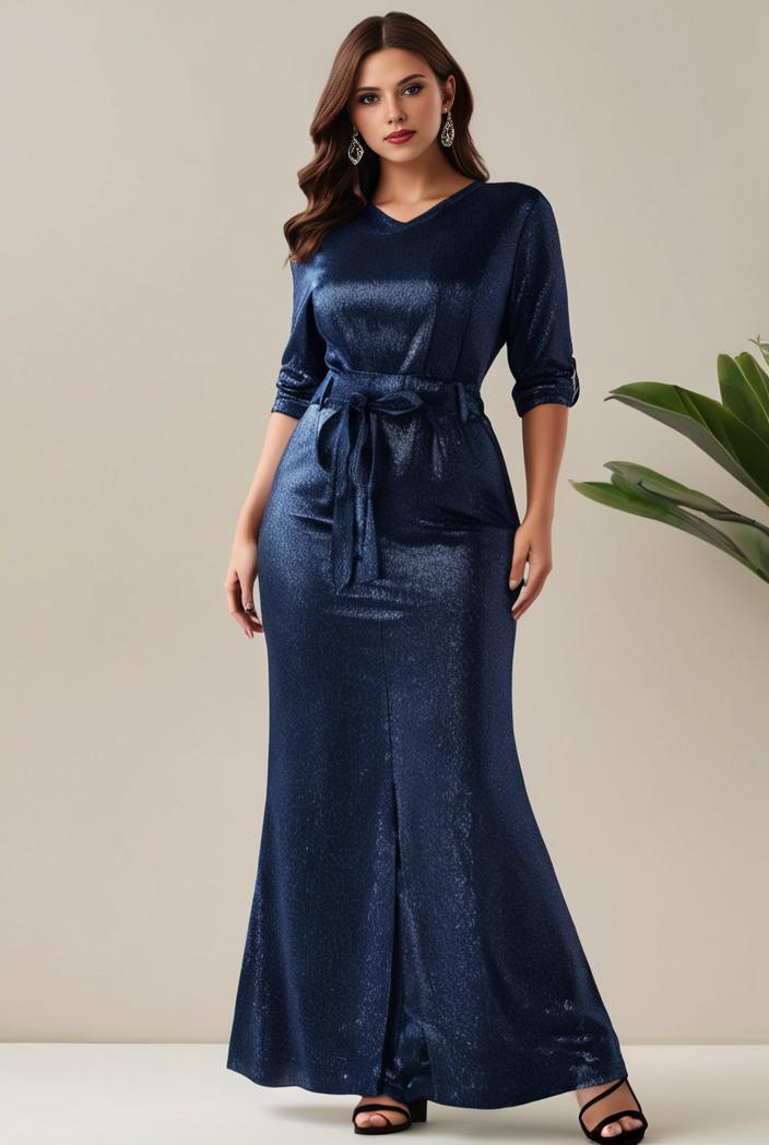 3 4 sleeve bodycon plunging back sequin evening dress 128392