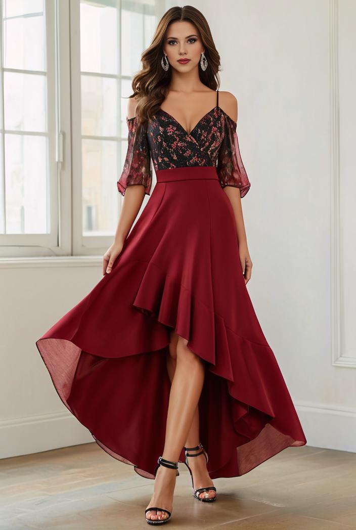 3 4 sleeve sheer sequin stripe high low hem evening dress 128458