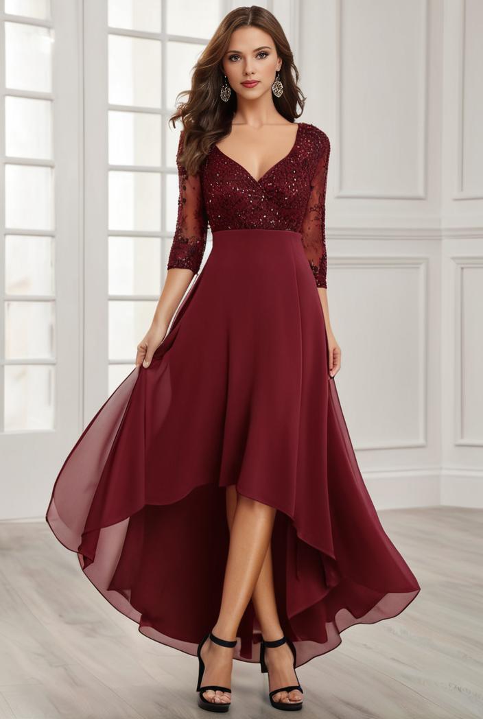 3 4 sleeve sheer sequin stripe high low hem evening dress 128460