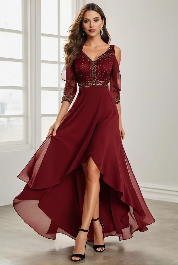 3 4 sleeve sheer sequin stripe high low hem evening dress 128461