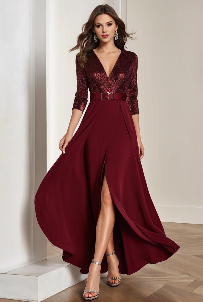 3 4 sleeve sheer sequin stripe high low hem evening dress 128462