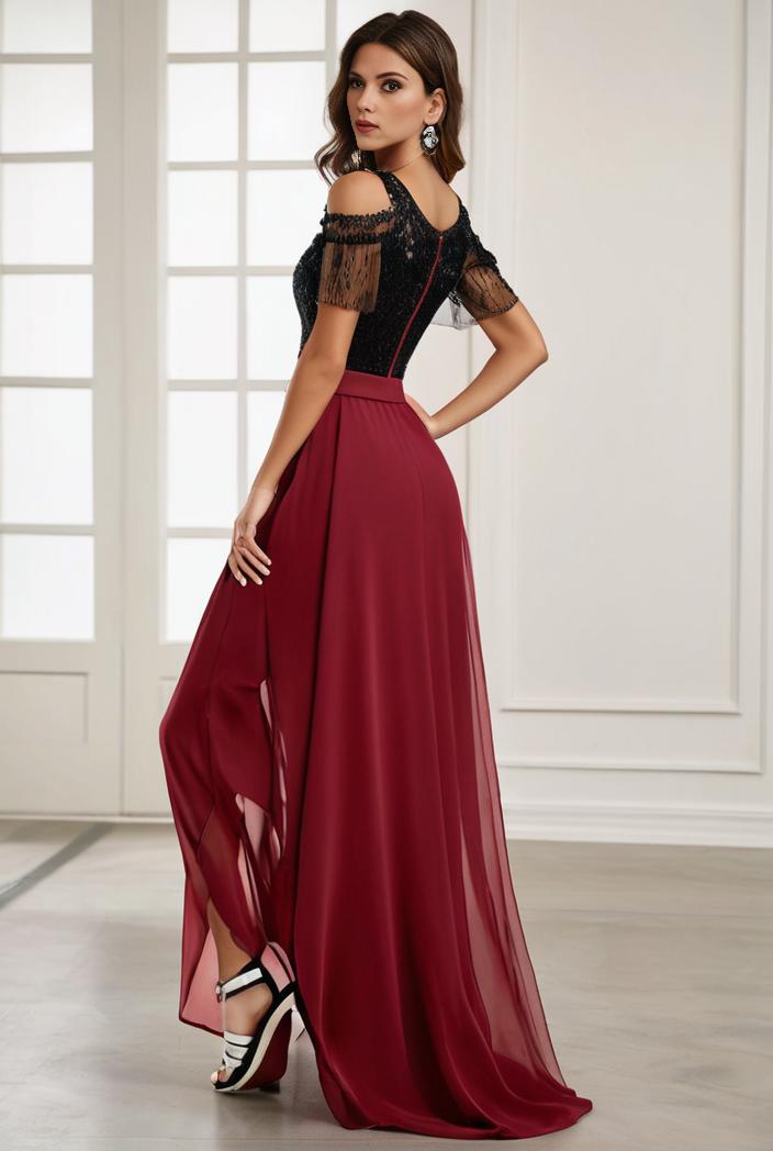 3 4 sleeve sheer sequin stripe high low hem evening dress 128464