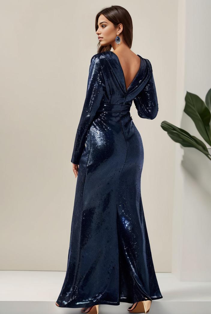 3 4 sleeve bodycon plunging back sequin evening dress 135411