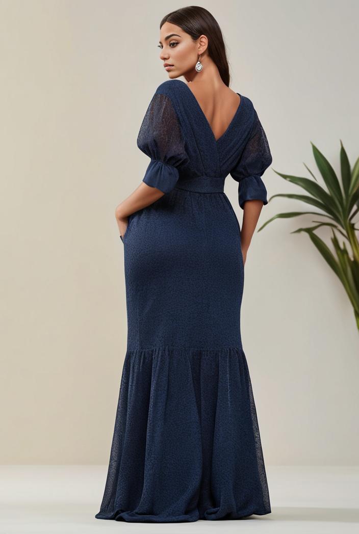 3 4 sleeve bodycon plunging back sequin evening dress 135415