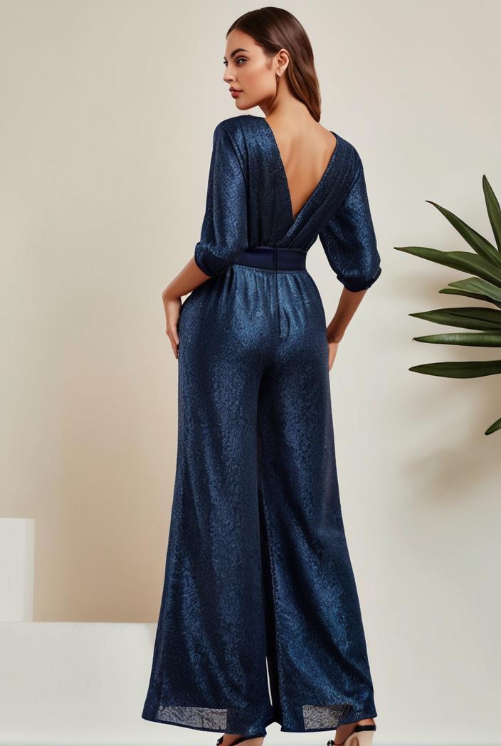 3 4 sleeve bodycon plunging back sequin evening dress 136944