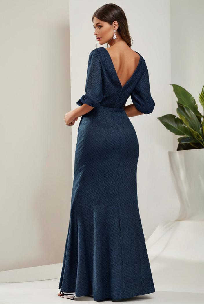 3 4 sleeve bodycon plunging back sequin evening dress 136948