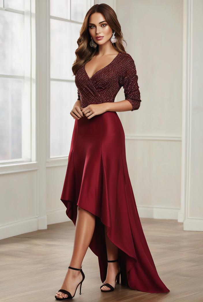 3 4 sleeve sheer sequin stripe high low hem evening dress 130832
