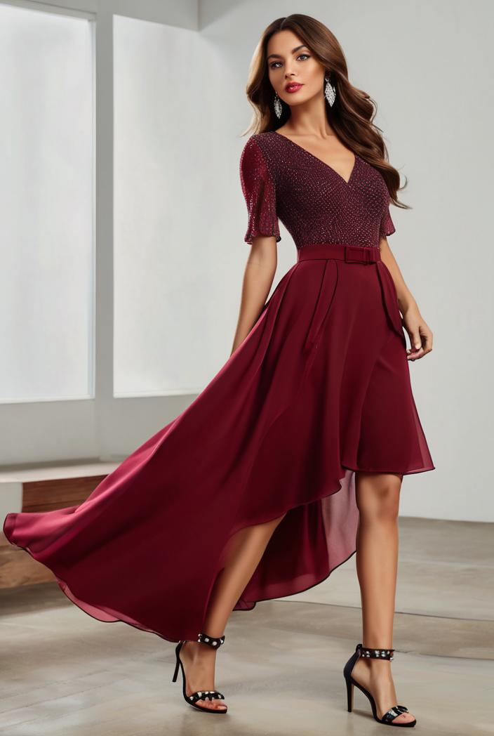 3 4 sleeve sheer sequin stripe high low hem evening dress 130838