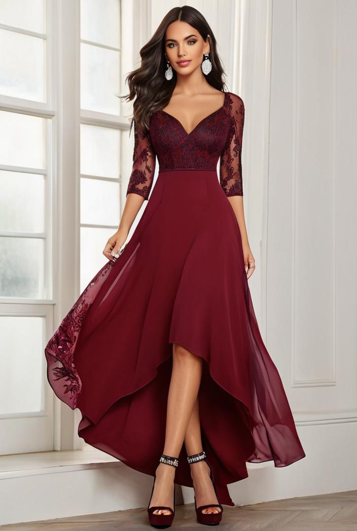 3 4 sleeve sheer sequin stripe high low hem evening dress 130844