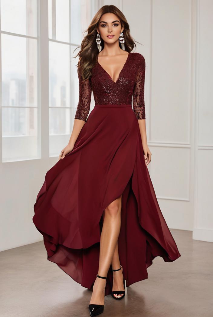 3 4 sleeve sheer sequin stripe high low hem evening dress 130848