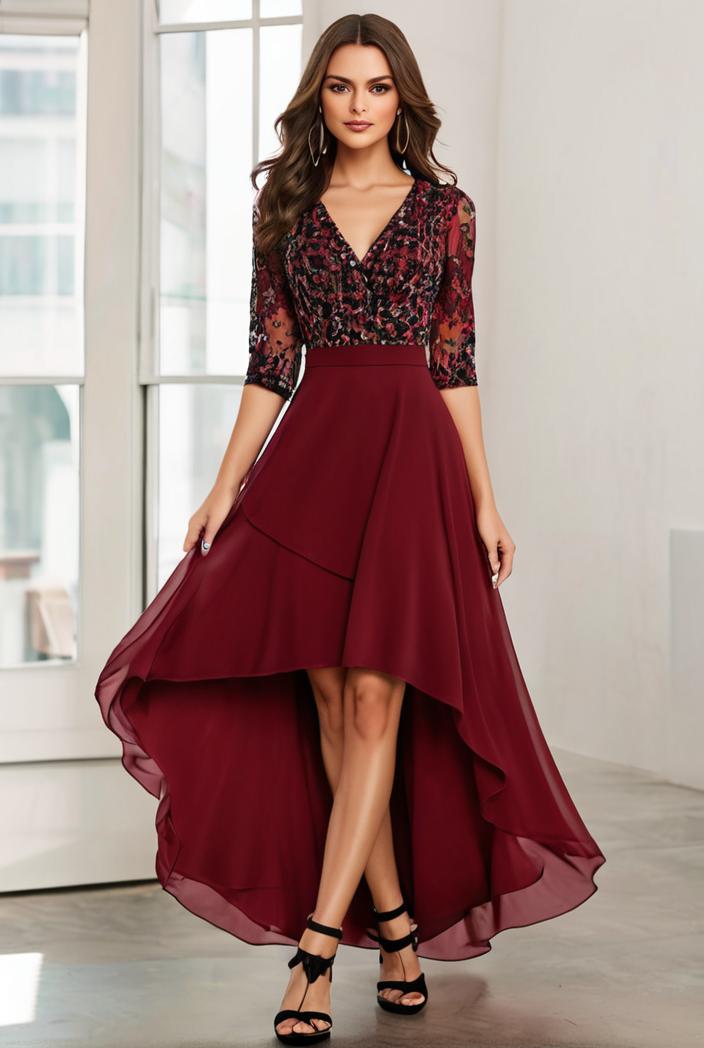 3 4 sleeve sheer sequin stripe high low hem evening dress 130850