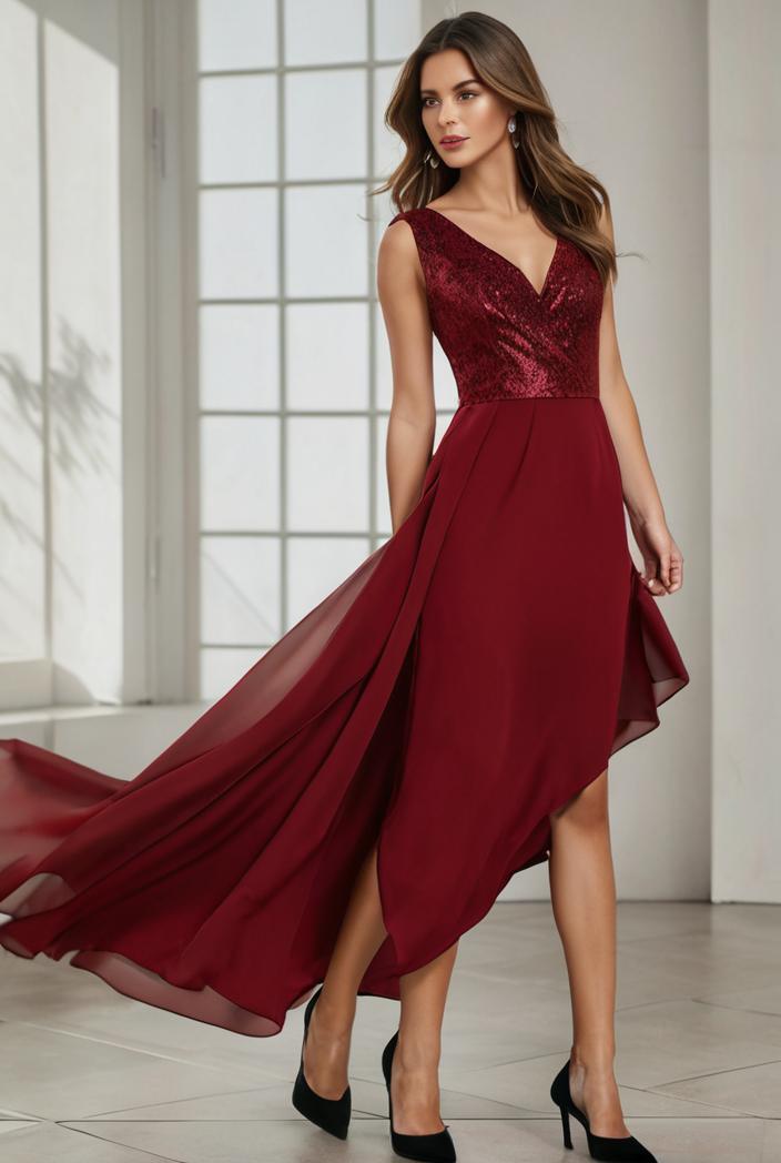 3 4 sleeve sheer sequin stripe high low hem evening dress 130861