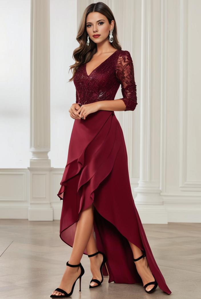 3 4 sleeve sheer sequin stripe high low hem evening dress 126121