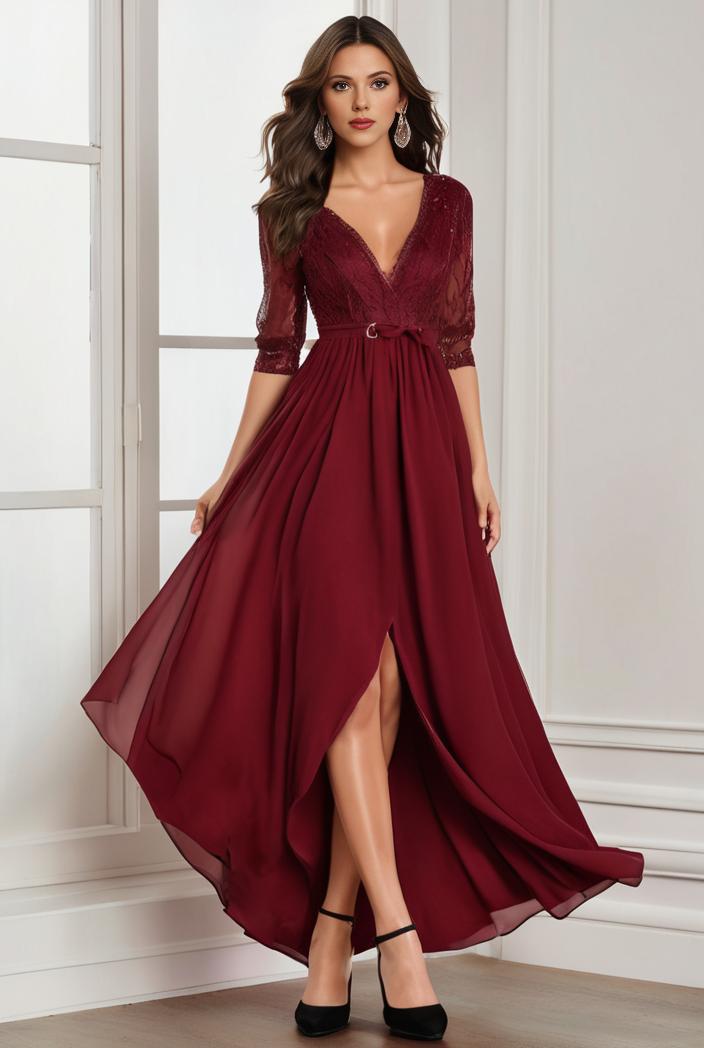 3 4 sleeve sheer sequin stripe high low hem evening dress 126140