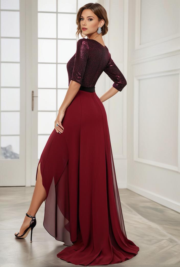 3 4 sleeve sheer sequin stripe high low hem evening dress 126143