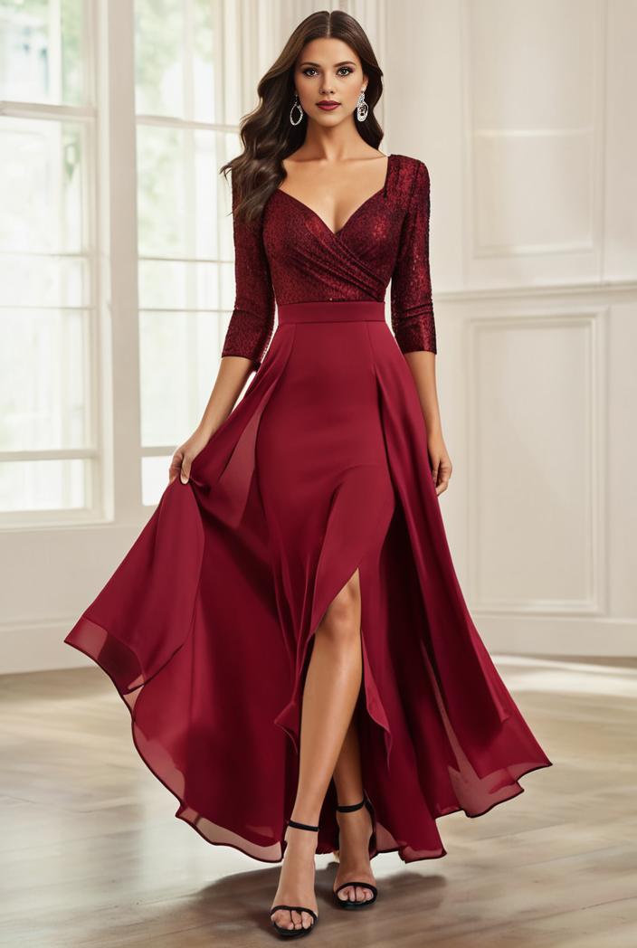 3 4 sleeve sheer sequin stripe high low hem evening dress 126177