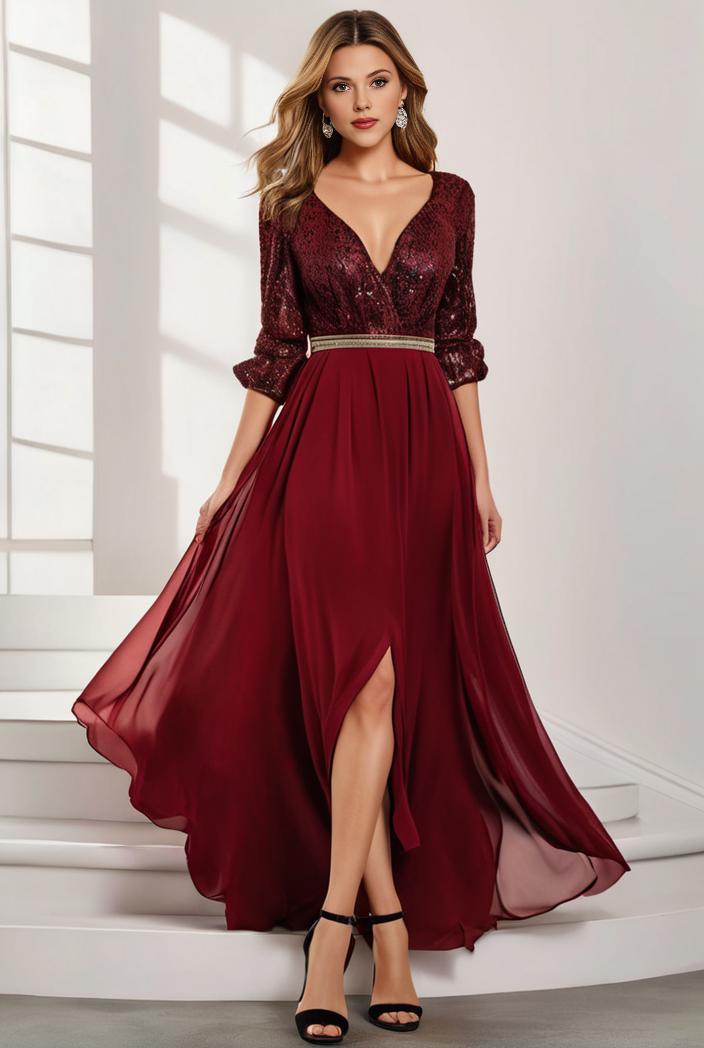 3 4 sleeve sheer sequin stripe high low hem evening dress 126181