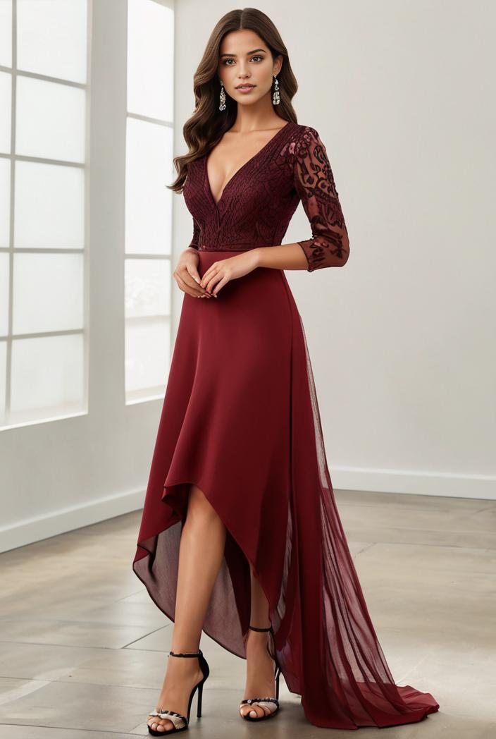3 4 sleeve sheer sequin stripe high low hem evening dress 143137