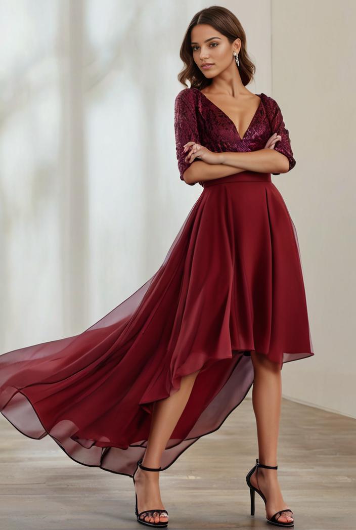 3 4 sleeve sheer sequin stripe high low hem evening dress 143166