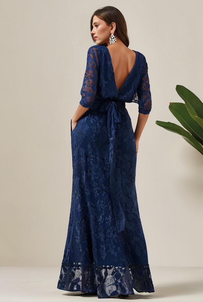 3 4 sleeve bodycon plunging back sequin evening dress 141821