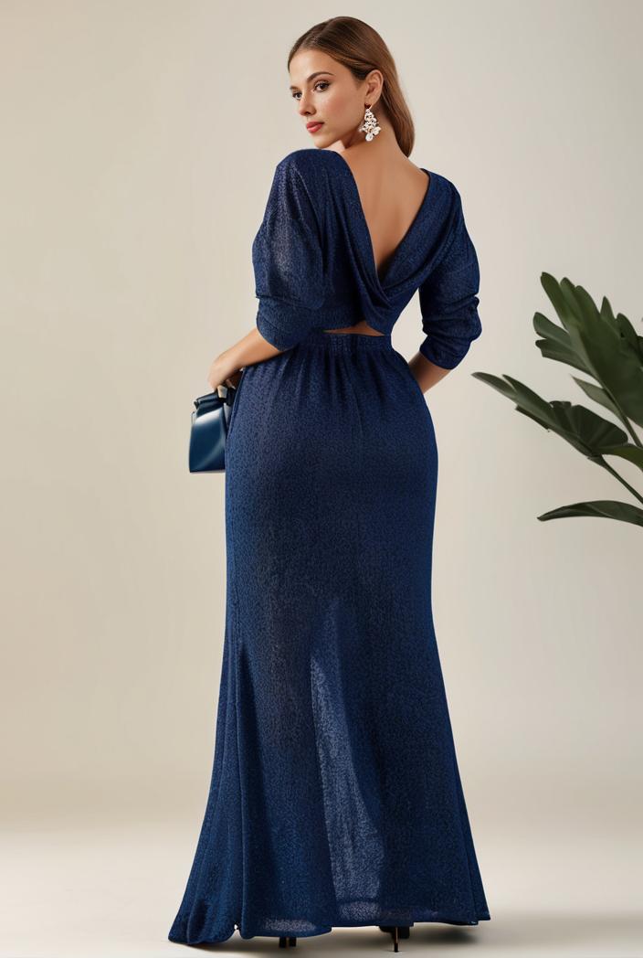 3 4 sleeve bodycon plunging back sequin evening dress 141822