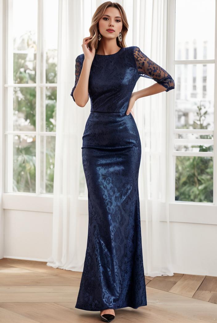 3 4 sleeve bodycon plunging back sequin evening dress 141847