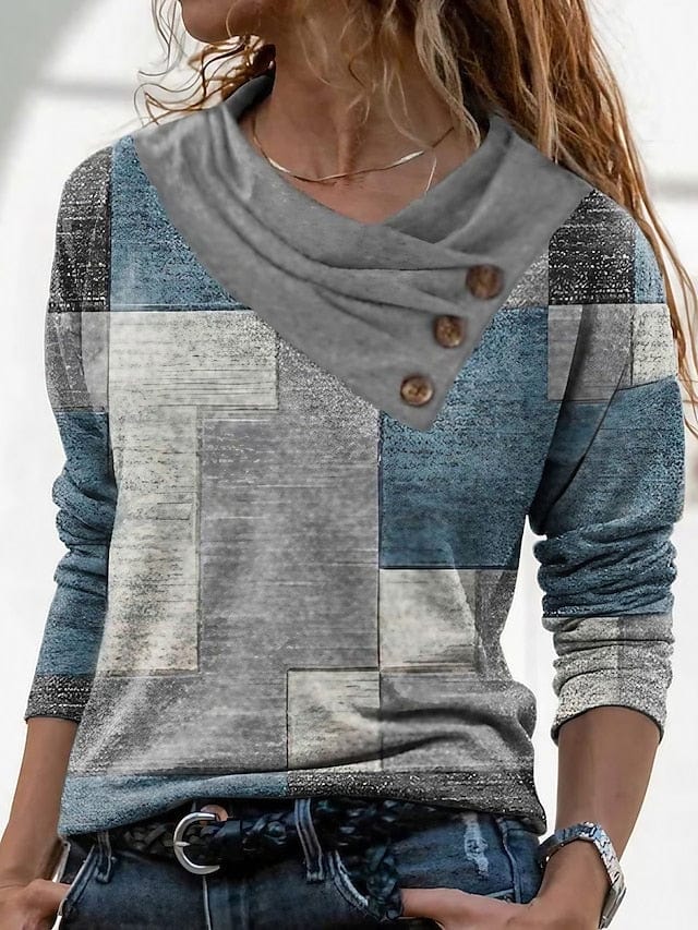 Abstract Geometric Button Print Women's Long Sleeve V-Neck T Shirt in Red Navy Blue