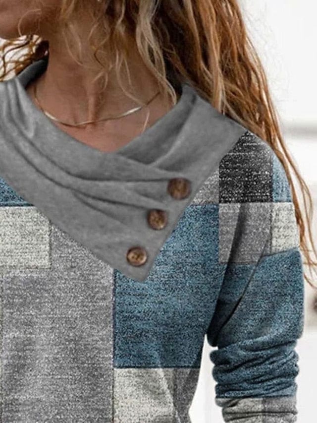 Abstract Geometric Button Print Women's Long Sleeve V-Neck T Shirt in Red Navy Blue