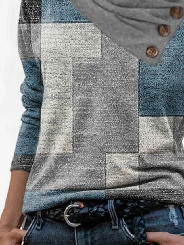 Abstract Geometric Button Print Women's Long Sleeve V-Neck T Shirt in Red Navy Blue