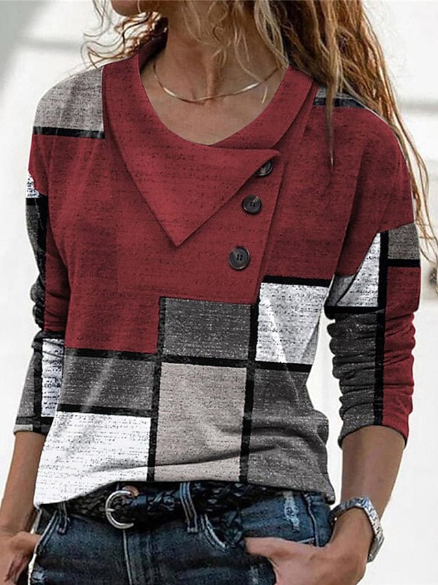 Abstract Geometric Button Print Women's Long Sleeve V-Neck T Shirt in Red Navy Blue