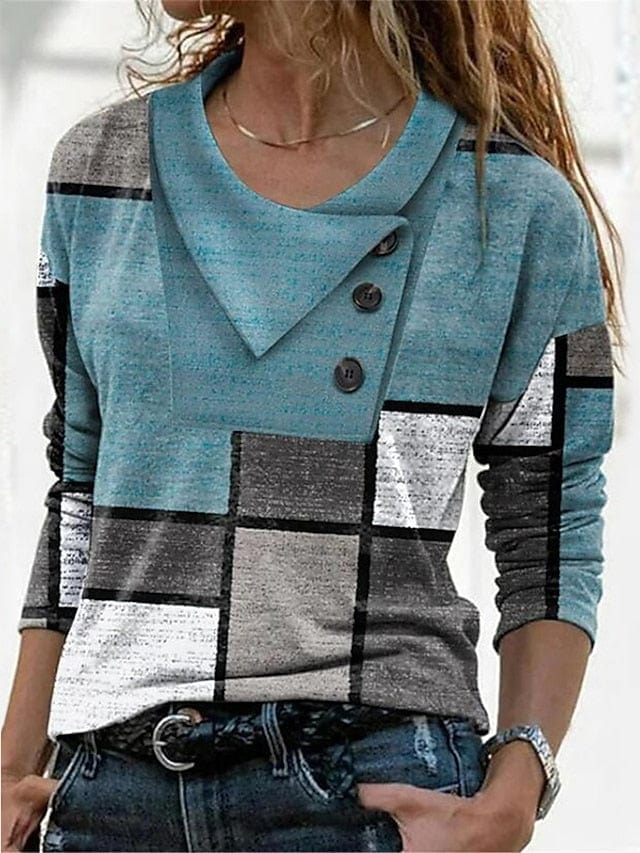 Abstract Geometric Button Print Women's Long Sleeve V-Neck T Shirt in Red Navy Blue