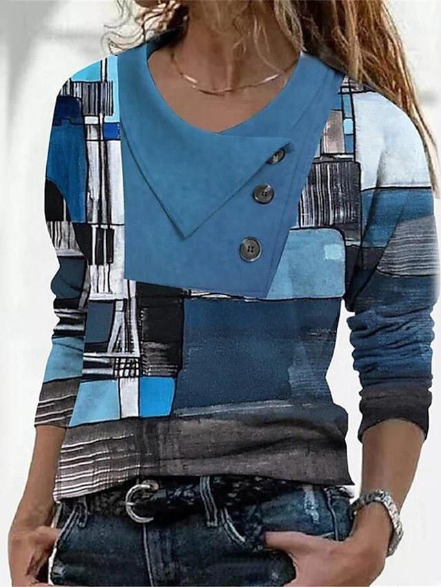 Abstract Geometric Button Print Women's Long Sleeve V-Neck T Shirt in Red Navy Blue