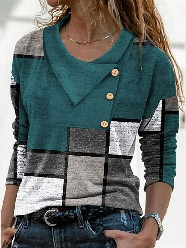 Abstract Geometric Button Print Women's Long Sleeve V-Neck T Shirt in Red Navy Blue