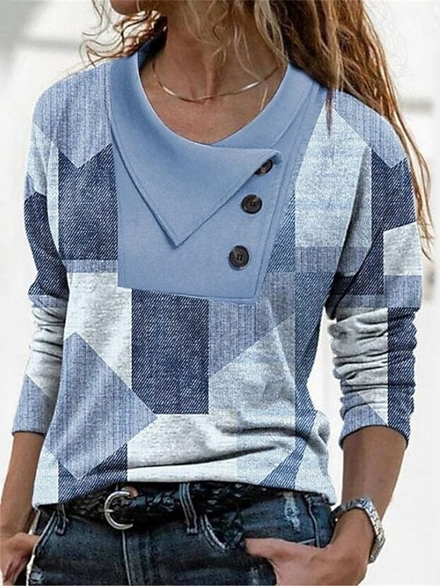 Abstract Geometric Button Print Women's Long Sleeve V-Neck T Shirt in Red Navy Blue