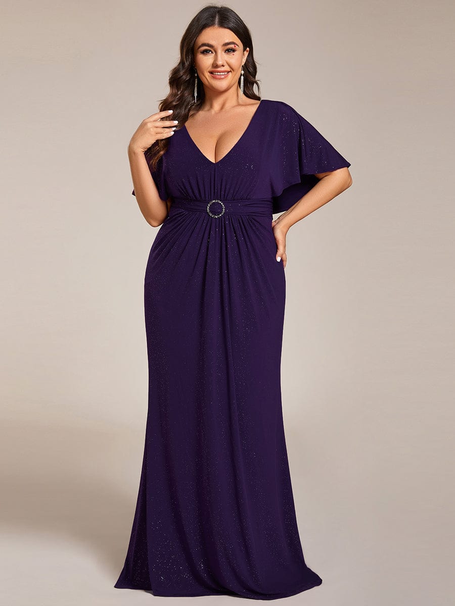 Shimmering V-Neck Pleated Bat-Wing Sleeve Bodycon Waist-Cinching Evening Gown