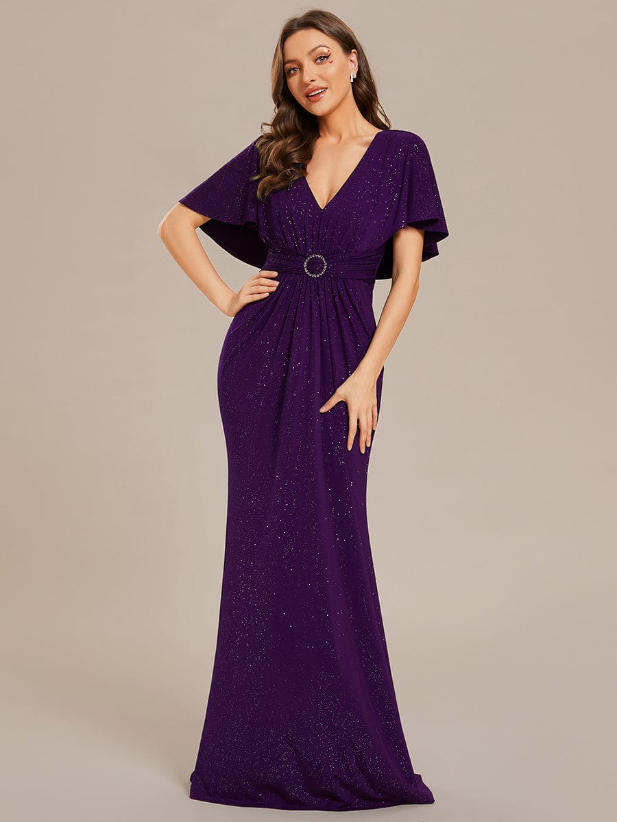 Shimmering V-Neck Pleated Bat-Wing Sleeve Bodycon Waist-Cinching Evening Gown