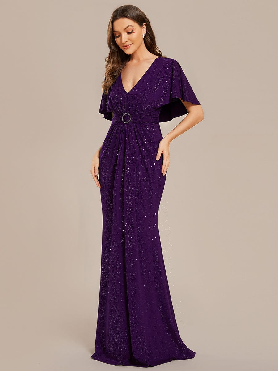 Shimmering V-Neck Pleated Bat-Wing Sleeve Bodycon Waist-Cinching Evening Gown