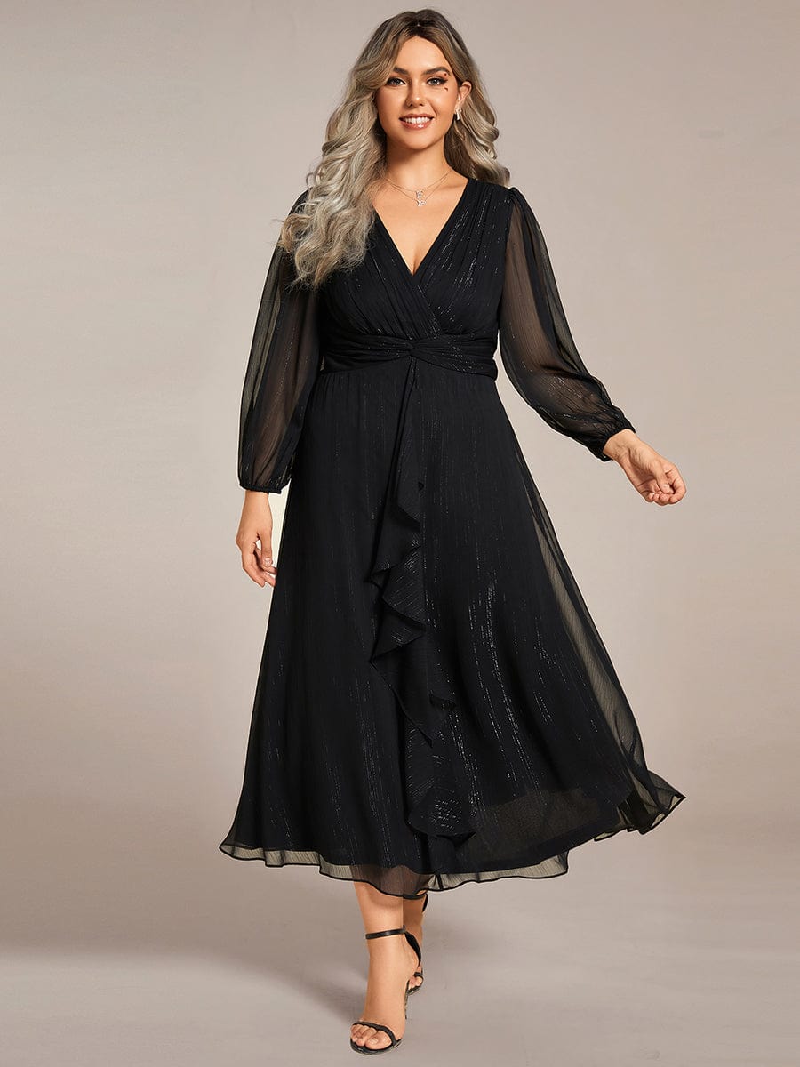 Curvy Confidence Twist Knot Lotus Leaf Evening Dress with Long Sleeves