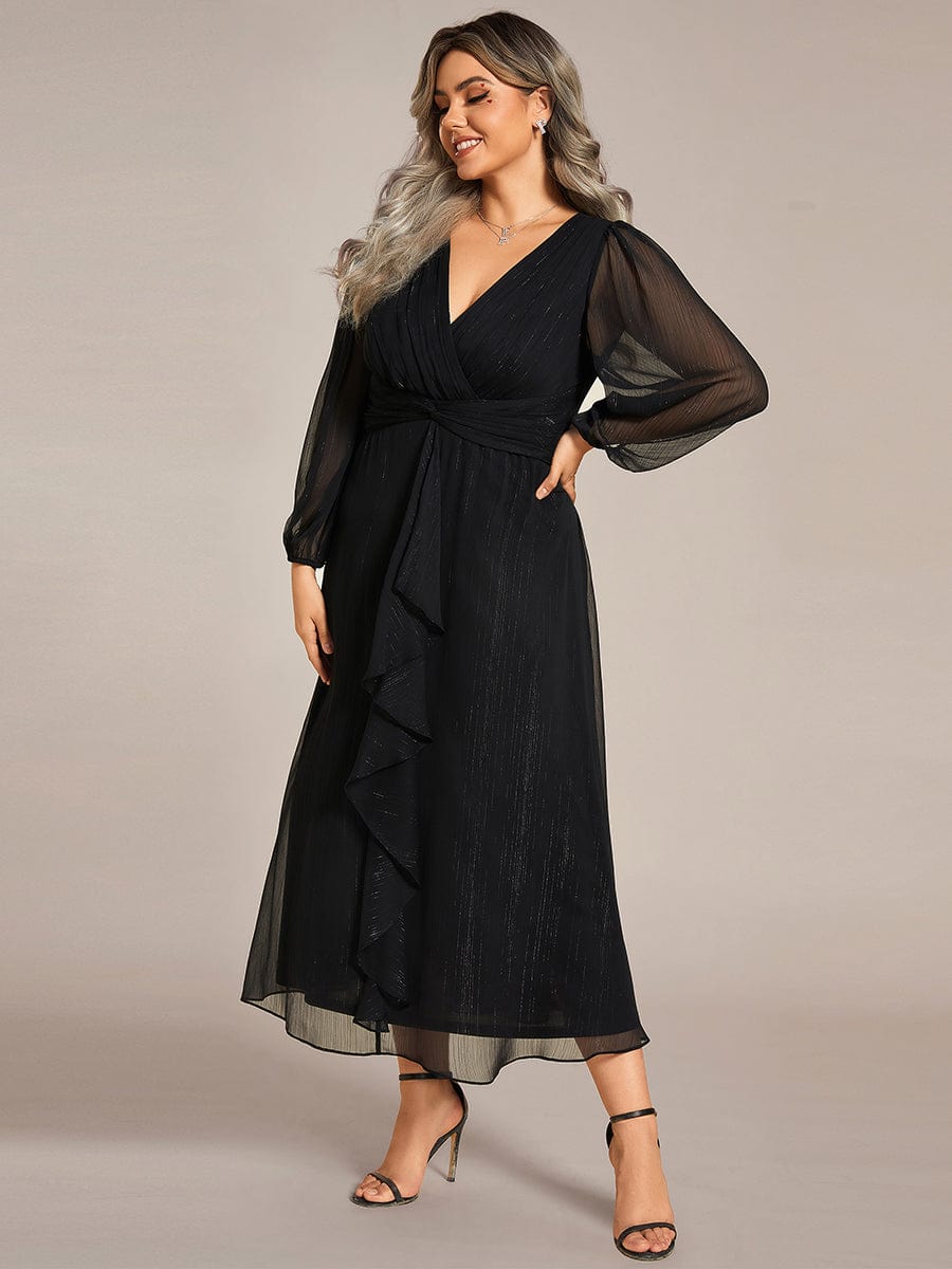 Curvy Confidence Twist Knot Lotus Leaf Evening Dress with Long Sleeves