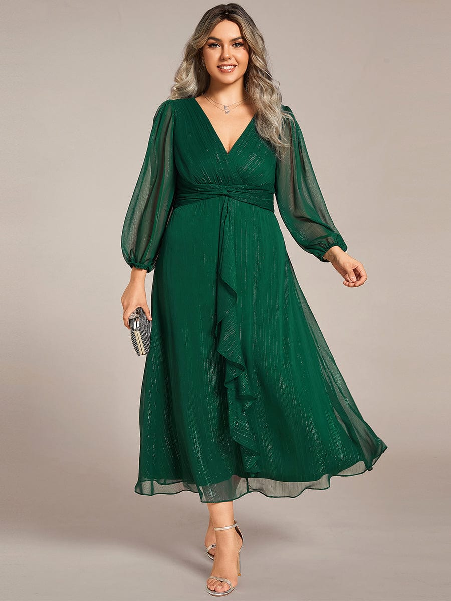 Curvy Confidence Twist Knot Lotus Leaf Evening Dress with Long Sleeves