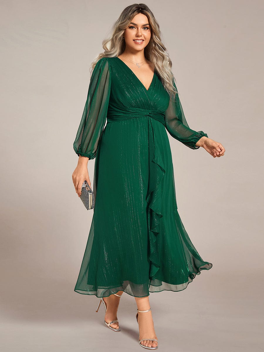 Curvy Confidence Twist Knot Lotus Leaf Evening Dress with Long Sleeves