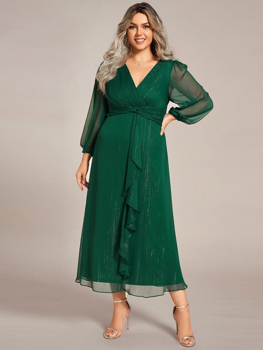 Curvy Confidence Twist Knot Lotus Leaf Evening Dress with Long Sleeves