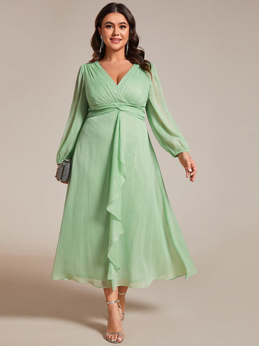 Curvy Confidence Twist Knot Lotus Leaf Evening Dress with Long Sleeves