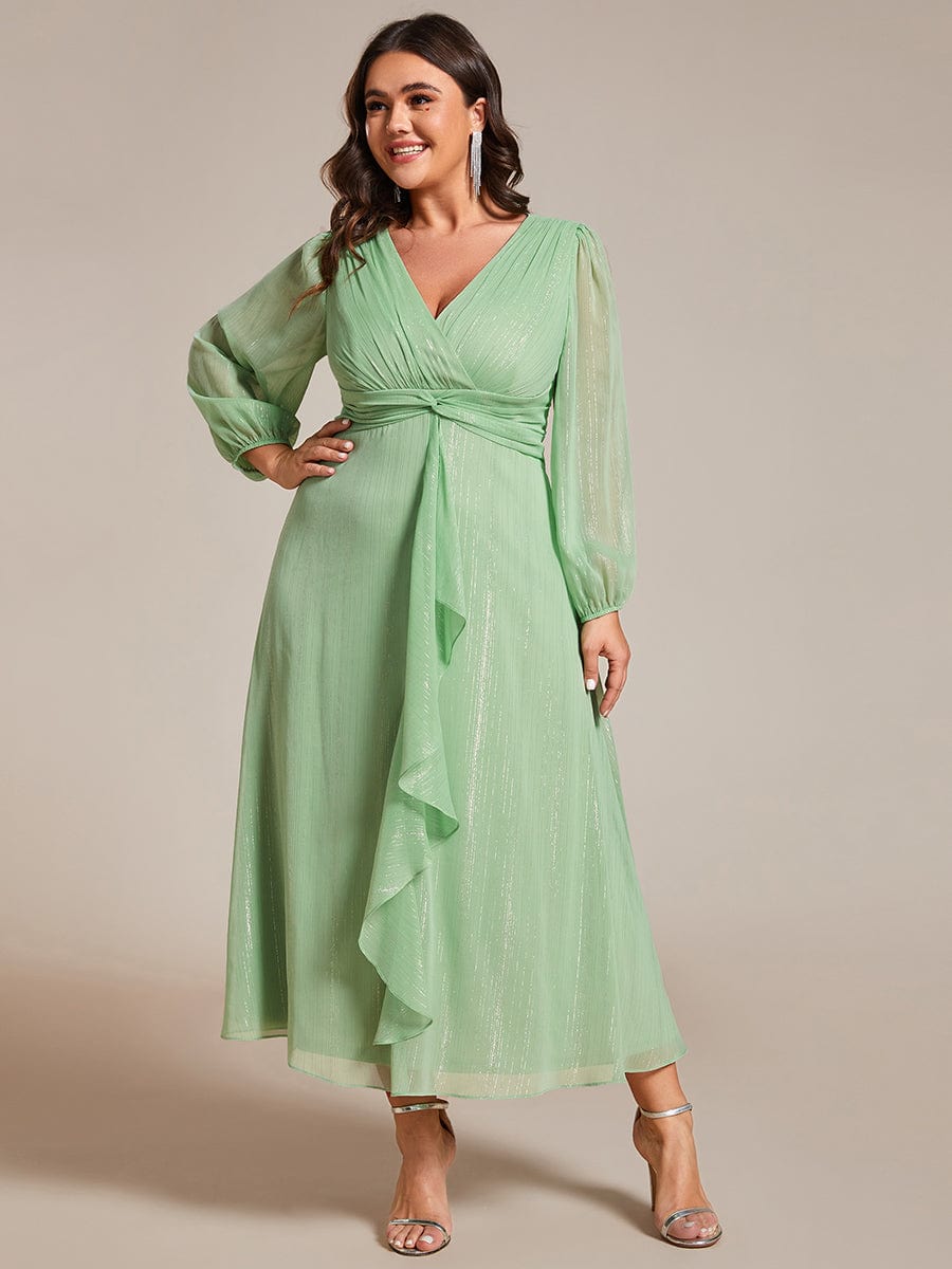 Curvy Confidence Twist Knot Lotus Leaf Evening Dress with Long Sleeves