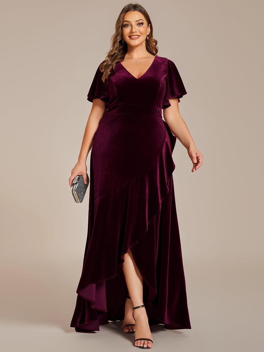 Double V-Neck Velvet Evening Dress with Lotus Leaf Hem