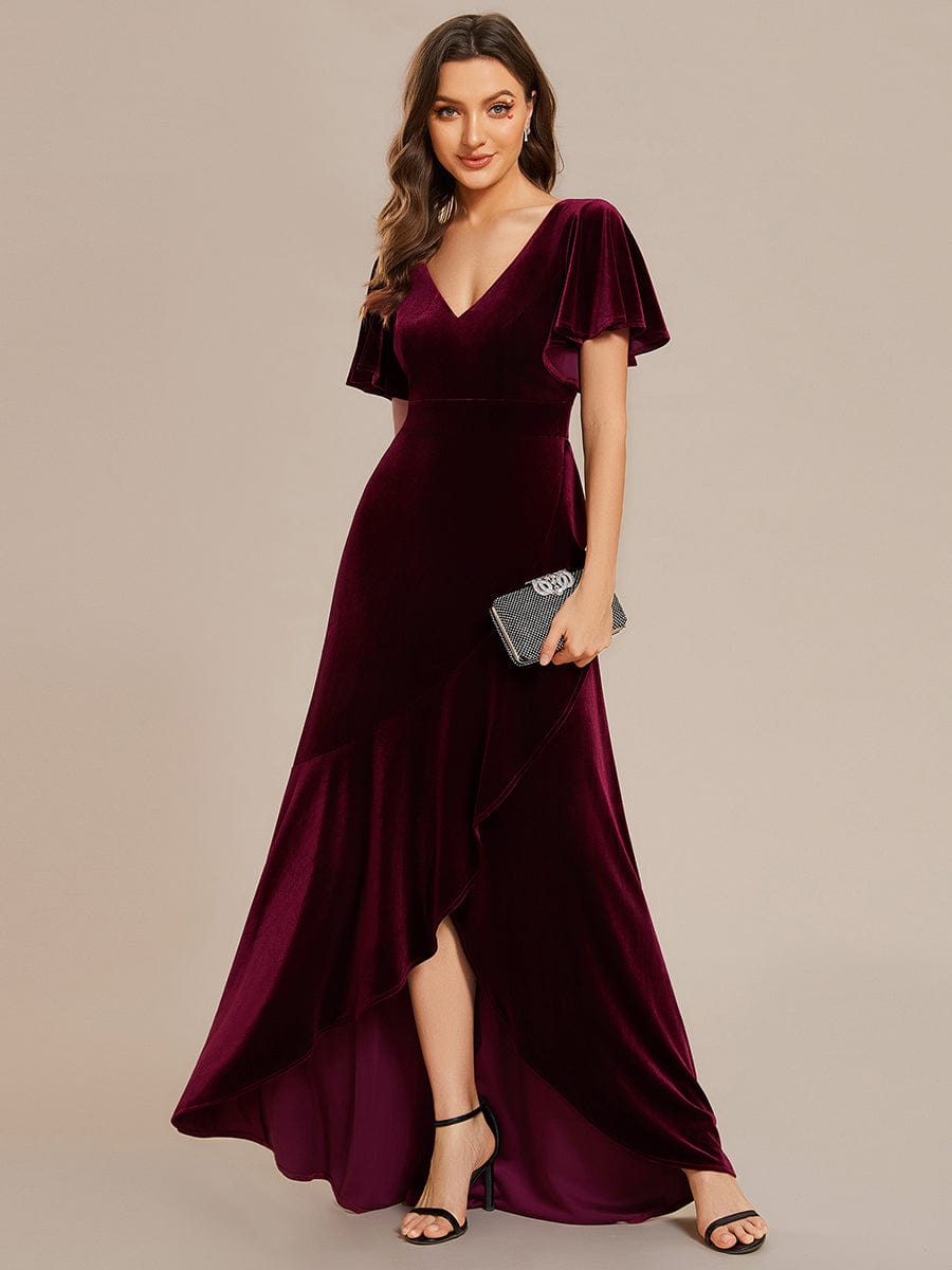 Double V-Neck Velvet Evening Dress with Lotus Leaf Hem