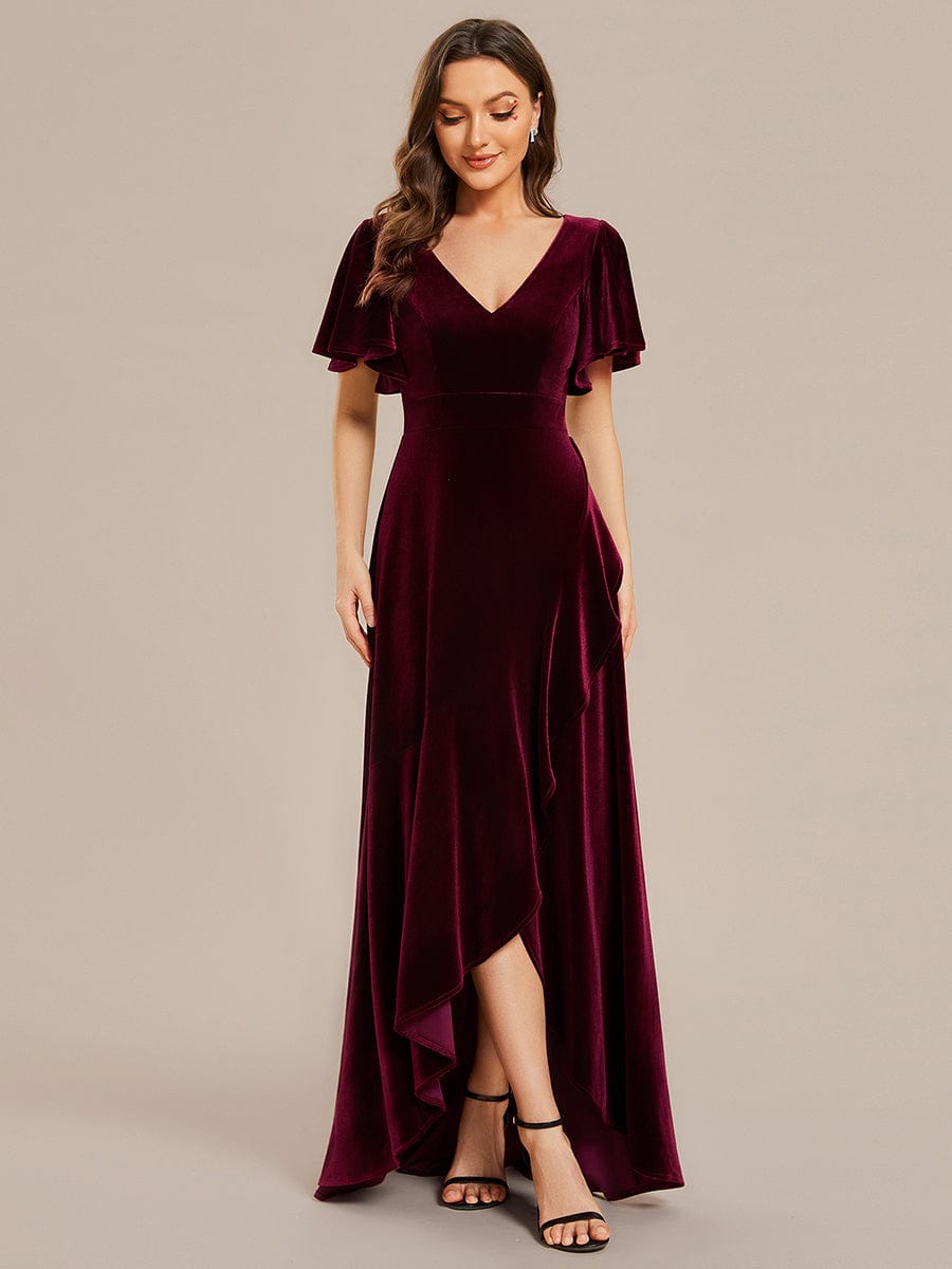 Double V-Neck Velvet Evening Dress with Lotus Leaf Hem