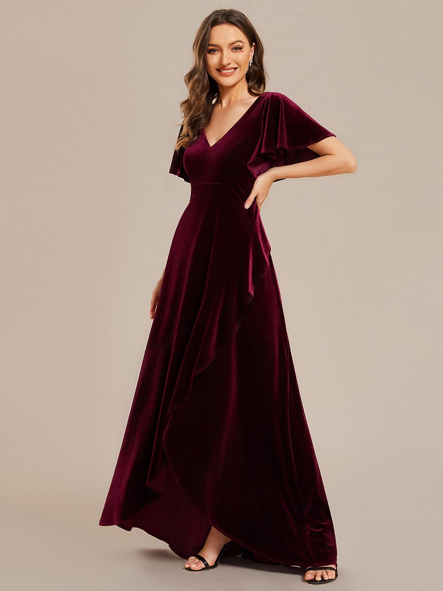 Double V-Neck Velvet Evening Dress with Lotus Leaf Hem