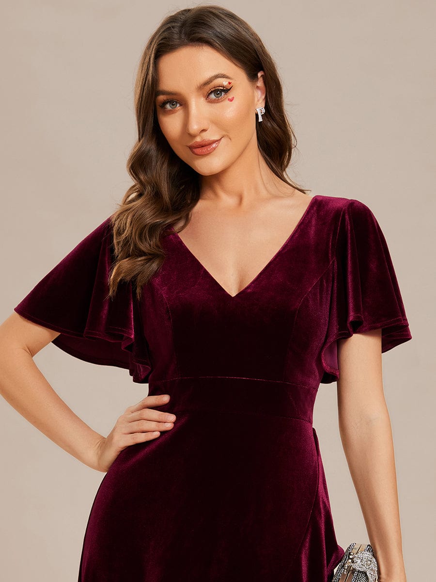 Double V-Neck Velvet Evening Dress with Lotus Leaf Hem