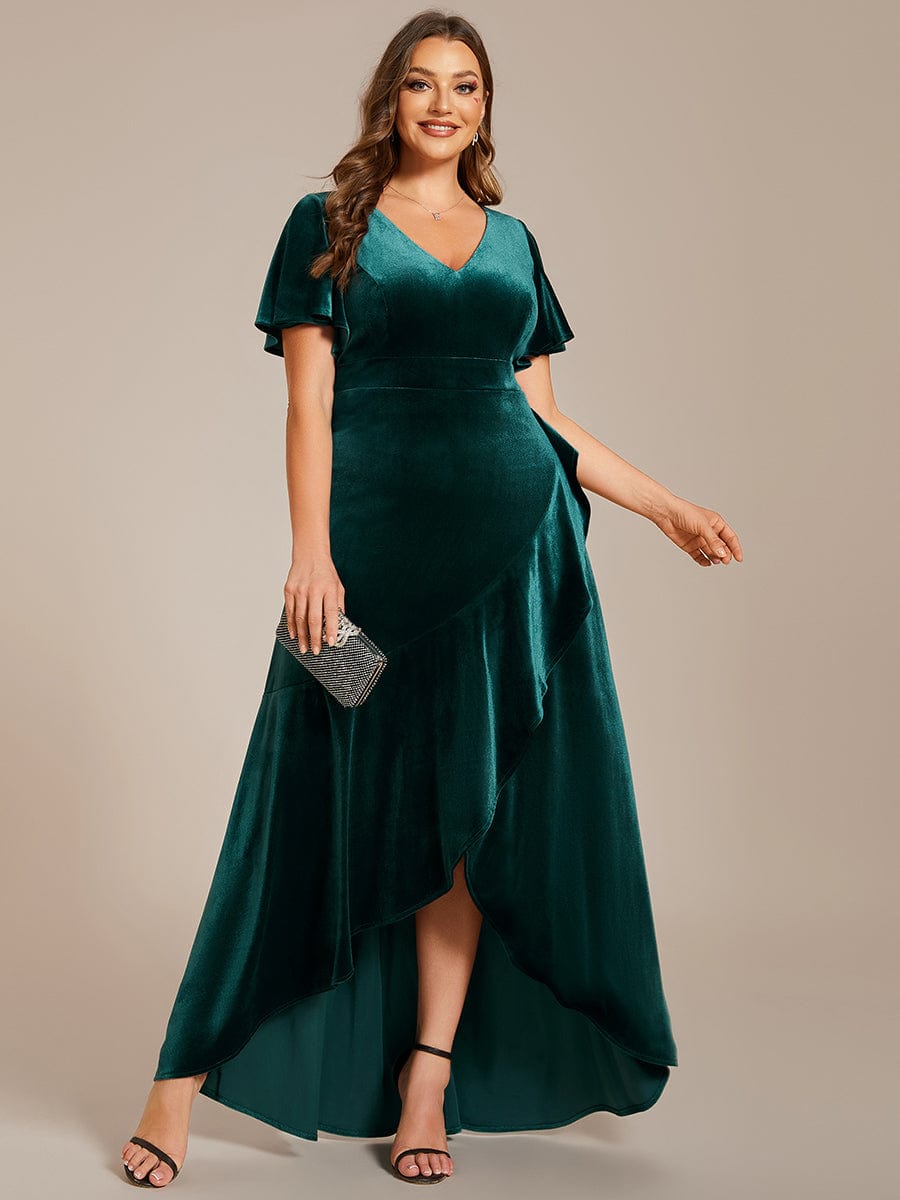 Double V-Neck Velvet Evening Dress with Lotus Leaf Hem